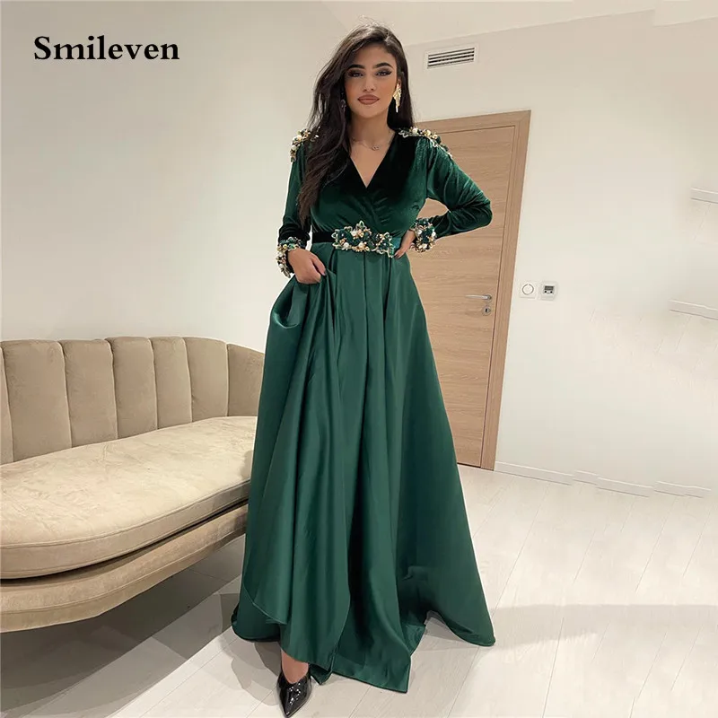 

Smileven Hunter зеленое Кафтан Вечернее платье с длинными рукавами кружевное платье для особых случаев новейшее платье со стразами