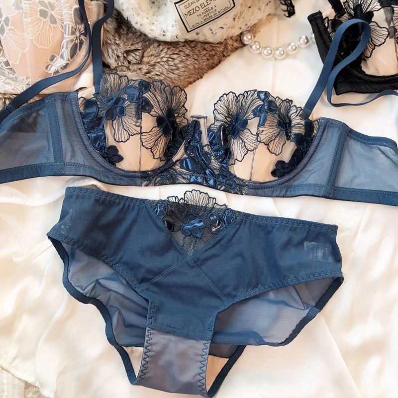 French Lace Flowers Embroidery Underwear Set for Women Sexy Mesh Breathable Push Up Bra Set 1/2 Thin Cup Brassiere Lingerie