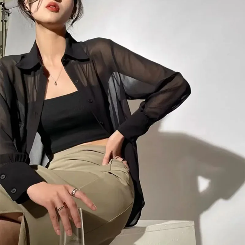 SMVP Chiffon Blouse for Women 2025 New Summer Sheer Mesh Long Sleeve Sun Protection Shirts Korean Fashion Office Lady Shirt Tops 2