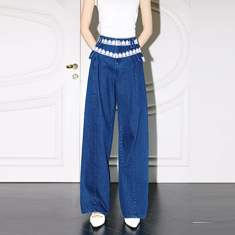 

Autumn and Winter New High-waisted Straight Jeans Women Korean Fashion Trend Lace Exquisite Loose Casual Jeans Wide-legged Pants
