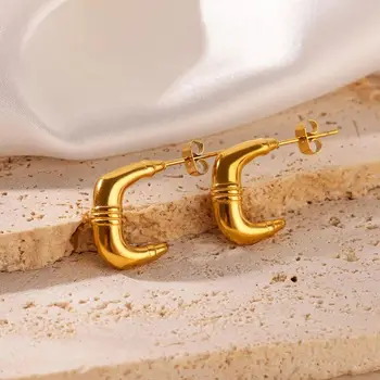 New In Horns Earrings for Women Stainless Steel Gold Color Hoop Earrings 2024 Trend Ear Piercing Fashion Jewelry Wedding Gift