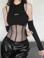 Black Bodysuit Lingerie Sexy Body Feminino See Through Corset Top Women Rave Outfit Mesh Patchwork One-Pieces Lenceria Femenina - Image 4