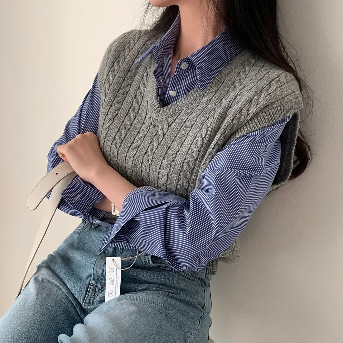 여성 하이웨이스트 스트라이프 셔츠, 한국 스타일 슬림핏, 용수철 크롭탑, 부드러운 실루엣, 2023