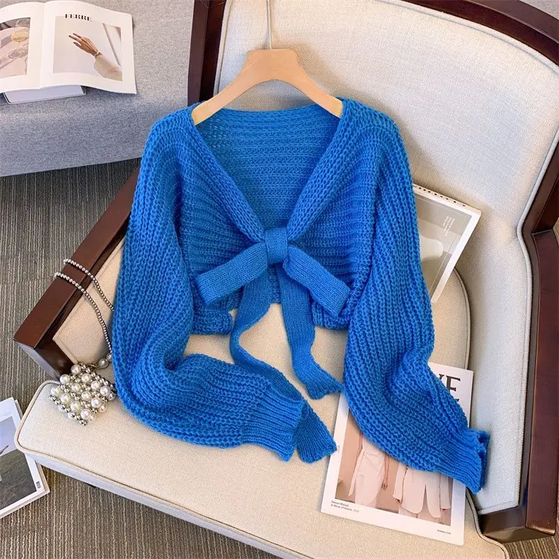 

Женский трикотажный кардиган с бантом DUOFAN, однотонный винтажный свитер с V-образным вырезом, Осенние Топы с коротким рукавом, джемперы, 2023