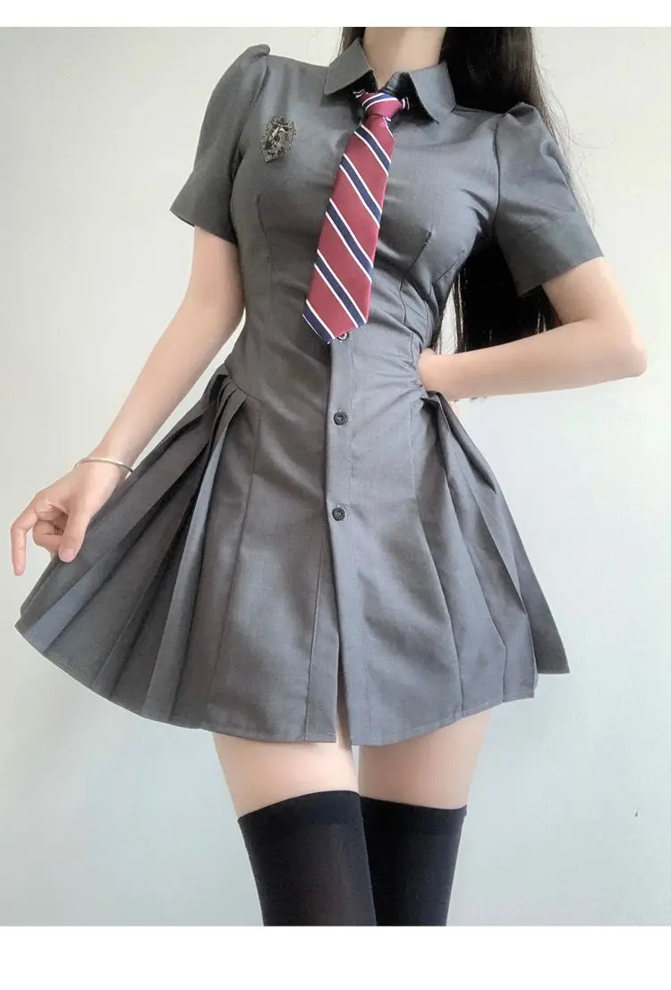 

Women Dress Sweet Original JK Uniform Mini Dresses Gray Slim Preppy Pleated Short Skirts Summer Female Trendy Clothes