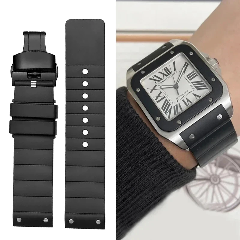 Cinturino In Silicone Per Cartier Santos Sandoz Santos 100 Gomma Nera Accessori Per Orologi Cinturino Catena Per Orologi Da Donna Da Uomo 23Mm