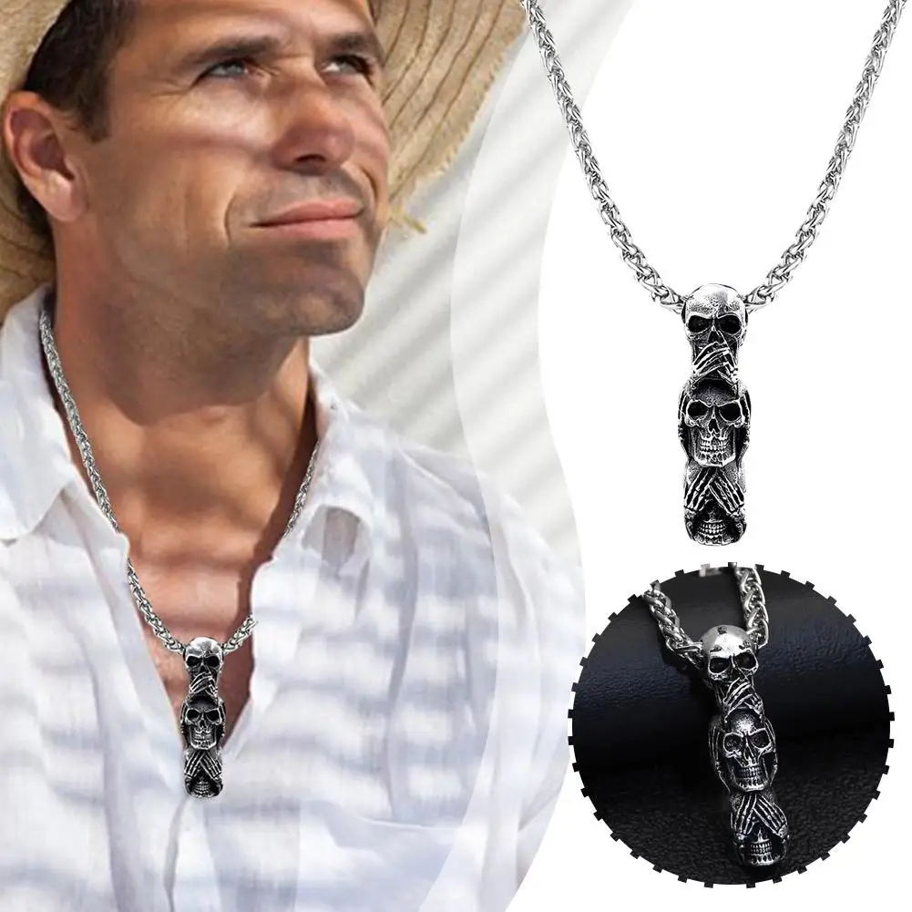 

Vintage Punk Rock Evil Skull Trio Statue No See No Hear No Speak No Skeletons Skull Stainless Steel For Man Personality Nec X3I6