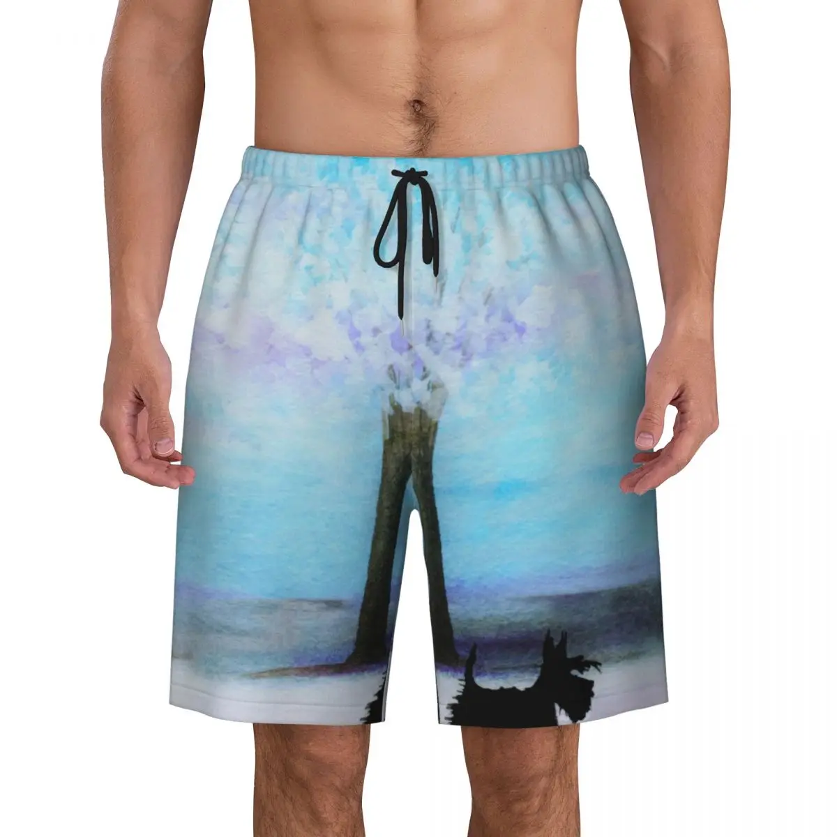 

Custom Scottie Dog Winter Walk Swim Trunks Men Quick Dry Board Shorts Scottish Terrier Bathing Suits Boardshorts