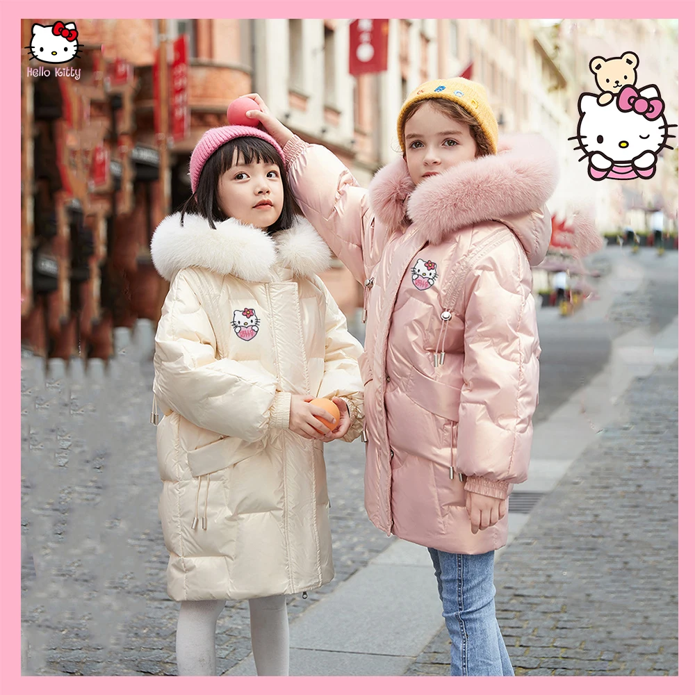 

Sanrioed Anime Hellokitty White Duck Down Jacket for Girls Winter Parkas Snowsuit Fur Collar Warm Hooded Long Kids Student Coat