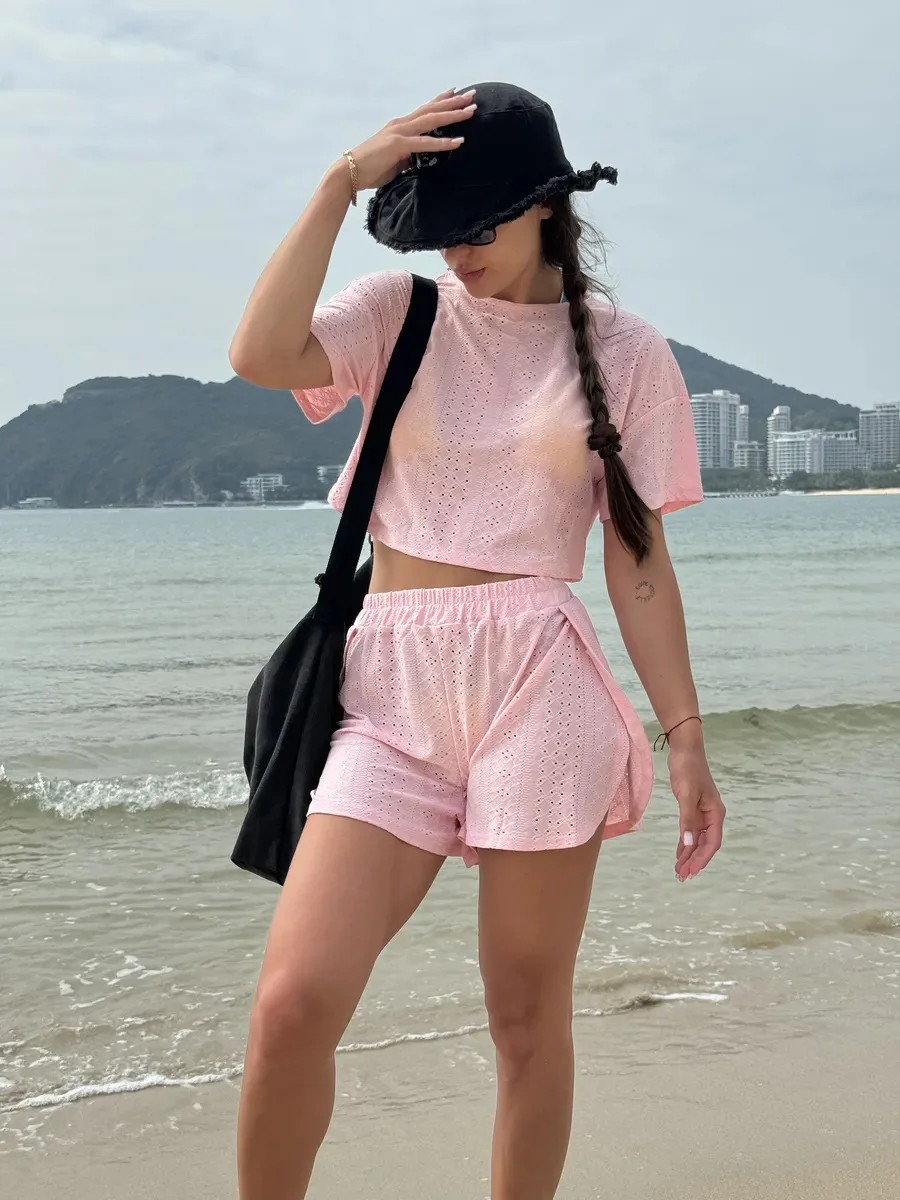 2025 New Womens Hollow Out Eyelet Two Piece Shorts Set Short Sleeve Crop Top Side Slit Shorts Summer Casual Loungewear Tracksuit