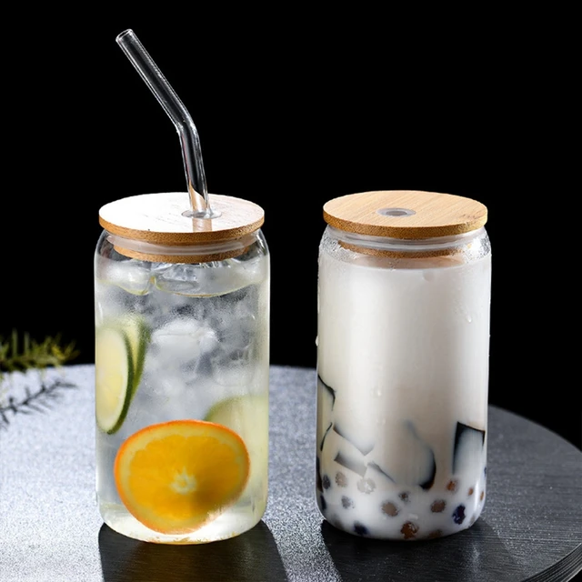 Drinking Glass Mugs with Bamboo Lids and Straws 470ml Drinking Jar Wide  Mouth Drinking Clear Glasses Coffee Cups