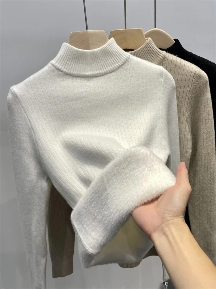 

Winter Warm Sweater Pullover Women Slim Thicken Plush Velvet Lined Knitwear Jumper Korean Half Turtleneck Poleras Soft Knit Tops