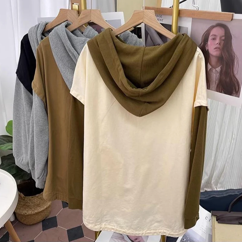 Spring Autumn Contrast Color Fashion Long Sleeve Hoodies Women High Street Button Drawstring Pullovers Elegant All-match Tops
