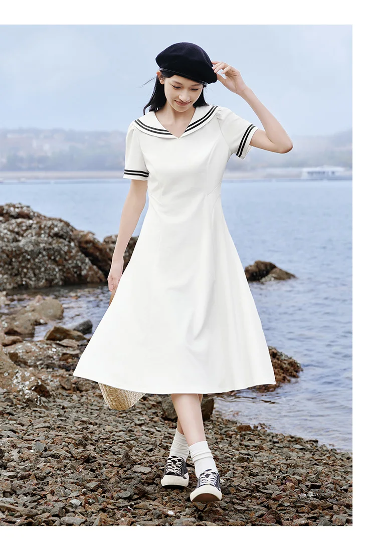 Dress Women Navy Collar With A Collegiate And Artistic Style Summer New White Moonlight Waist-Cinched Long Dress
