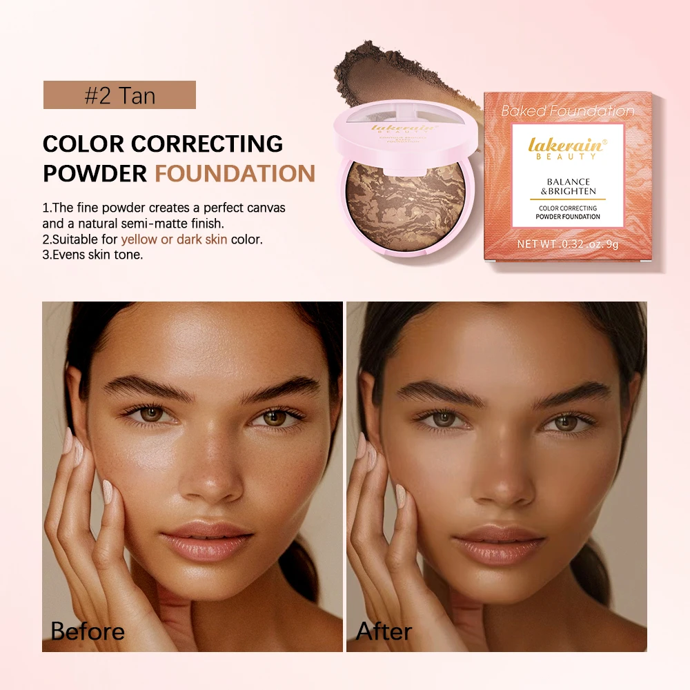 Loose Powder Baked Brighten Color Correcting Powder Foundation Fair Buildable Light to Medium Coverage Demi-Matte Natural Finish
