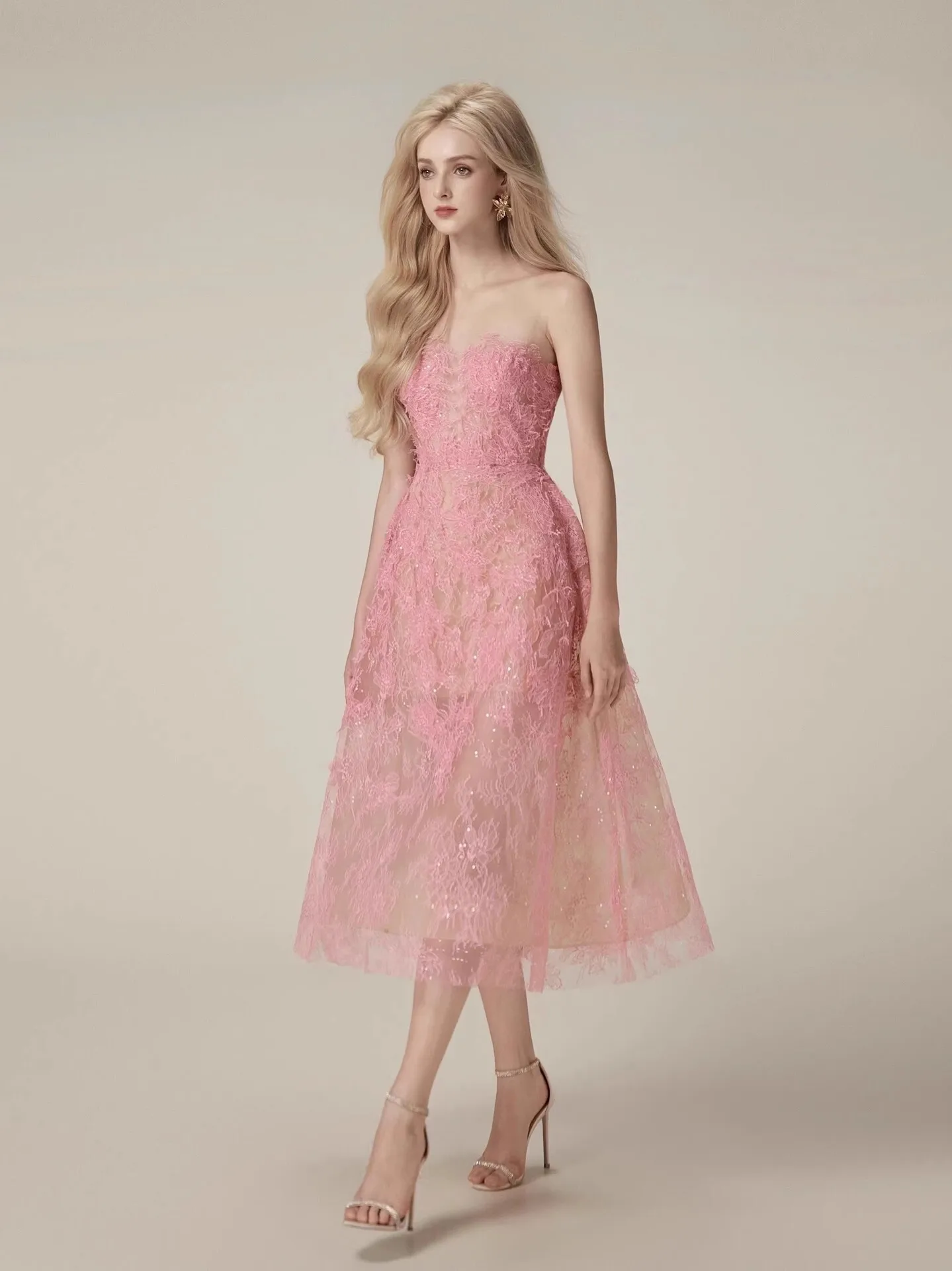 Korean Style 3D Flower Sequin Lace Strapless Dress Elegant Multi-color Mesh Long Dresses Women 2025 New Spring Summer A7877