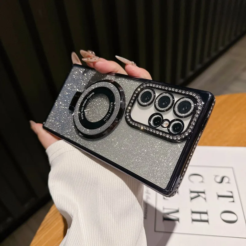 Magnetic Wireless Charging Stand with Shockproof Glitter Diamond Back Case