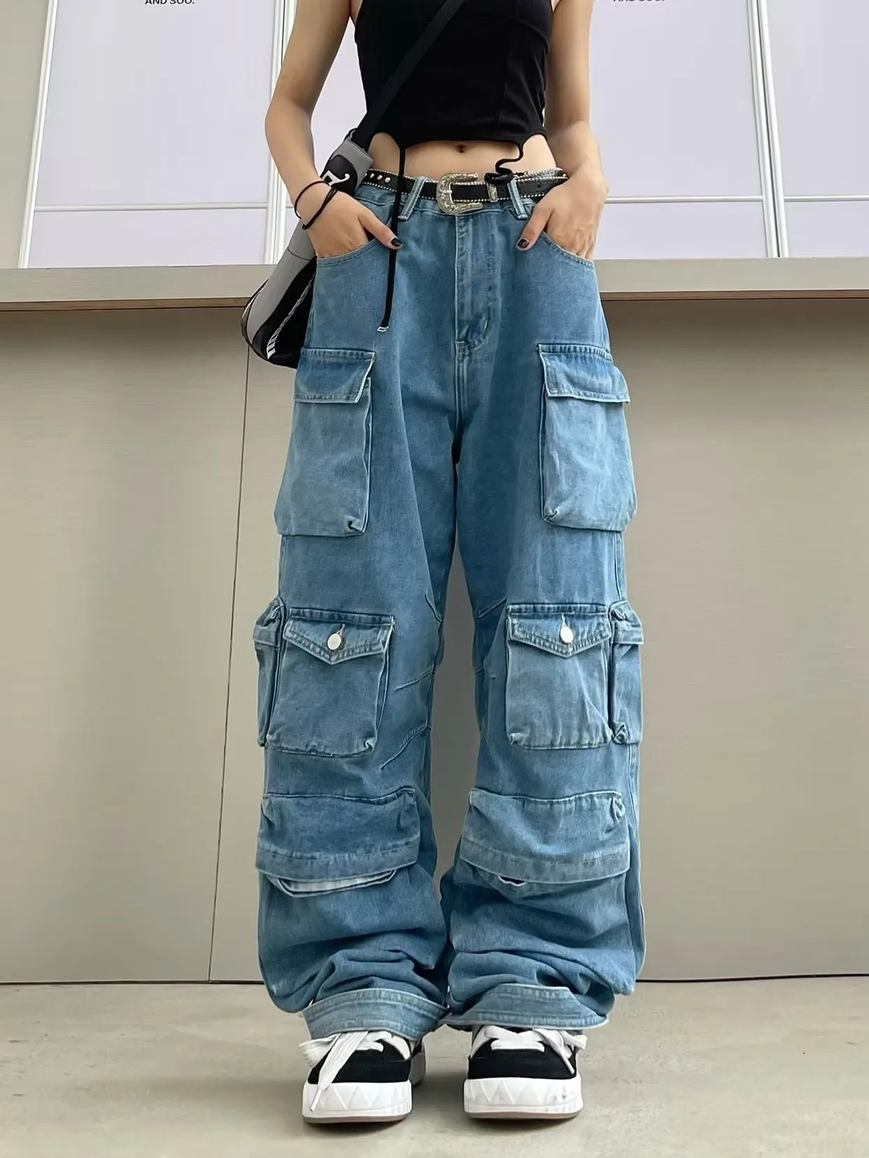 Casual Cargo Pants Loose Multi Pocket Jeans Mid Rise Vintage Blue Loose Streetwear Women's Hip Hop 2K Straight Leg Pants