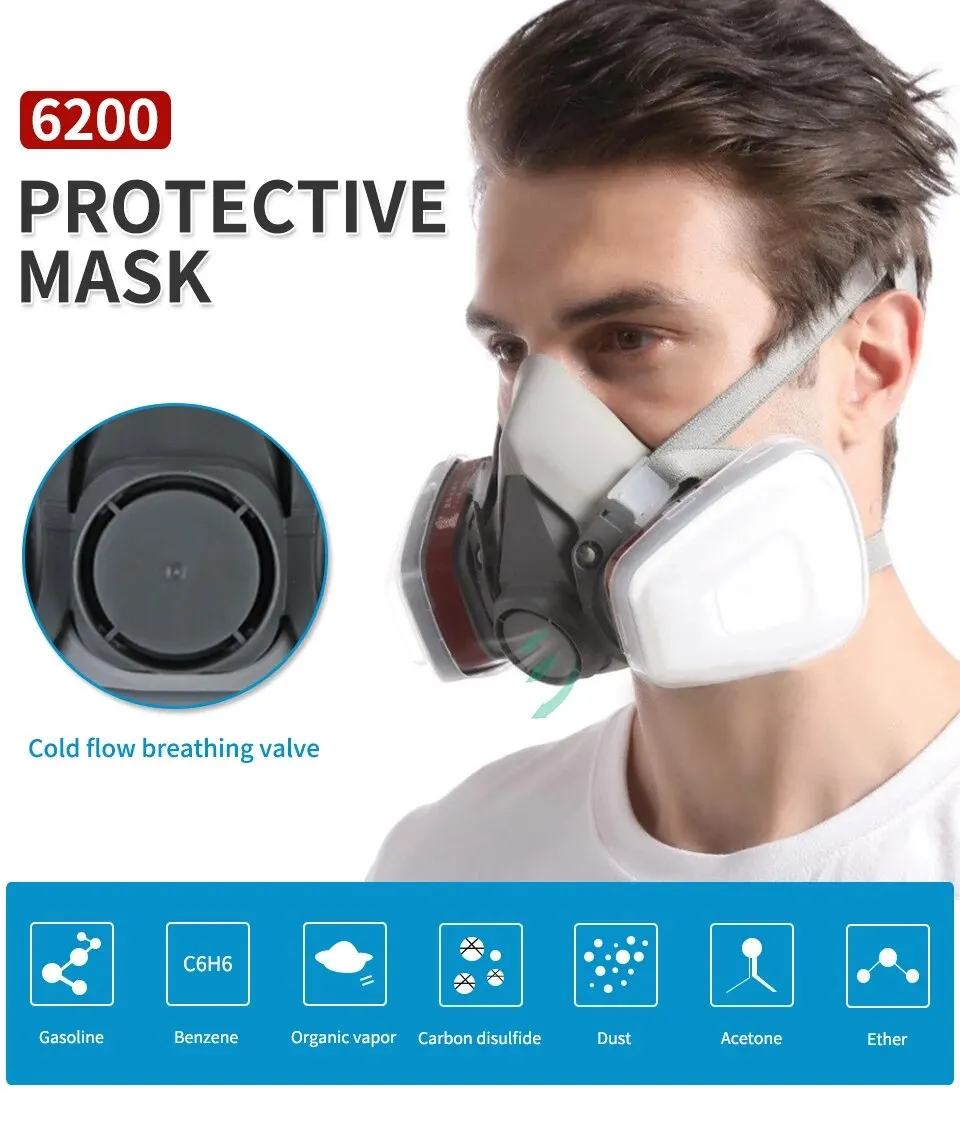 Original 6200 Reusable Respirator Half Face Cover Gas Mask with Fog-proof Glasses for Painting Spray Polishing Work Safety Smoke 2