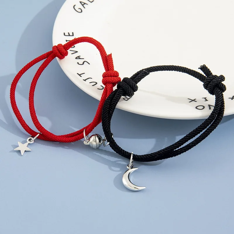 Chain Bracelet 2Pcs Fashion Star Moon Magnetic Pendant Couple Handmade Rope for Women Friendship Minimalist Jewelry