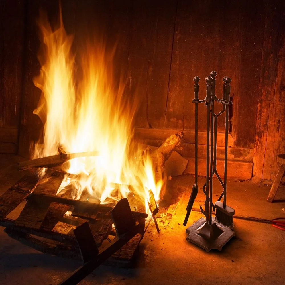 5 Pieces Fireplace Tools Fire Place Pit Poker Wood Stove Log Tongs Holder Tools Kit Sets with Handles Modern Black