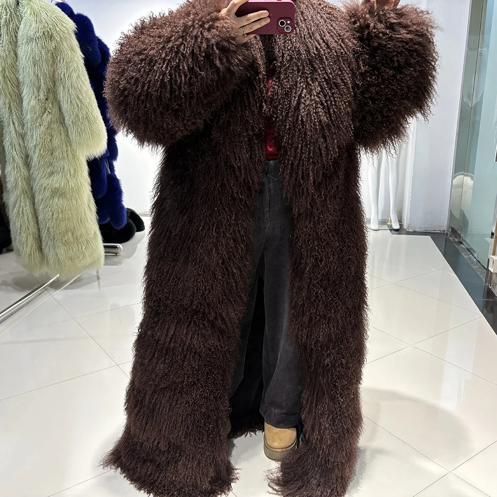 YOLOAgain 135-140cm Floor Length Mongolia Sheep Fur Coat Women Winter Warm Party Long Fur Coat Ladies Overcoat