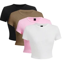 Y2K Woman Solid Cotton Crop Tops Short Sleeve High Elastic T-Shirt Soft O-Neck Sporty Tees Summer Street Fashion Female Clothes 1