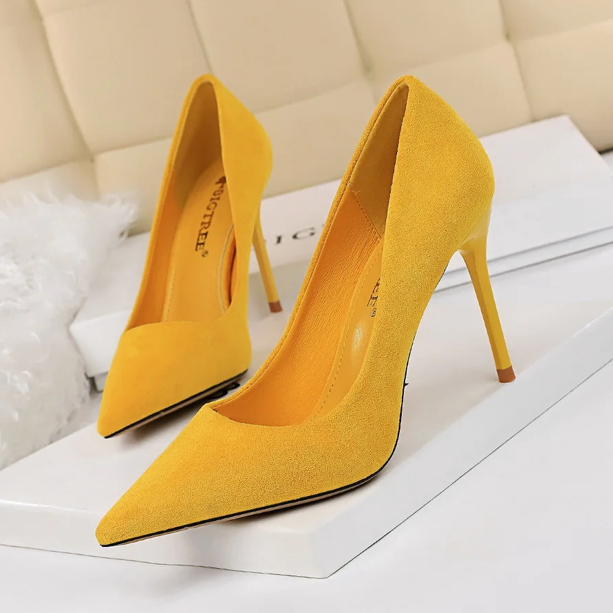 Women 9cm High Heels Pumps Stripper Flock Suede Plus Size Escarpins Lady Wedding Bridal Heels Escarpins Green Blue Yellow Shoes
