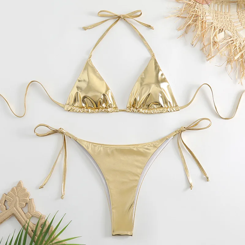 

Metallic Summer Triangle Halter Bathing Suit Beach Wear Women Sexy Thong Bikini Set Silver Gold Dropshipping Biquini Swimwear