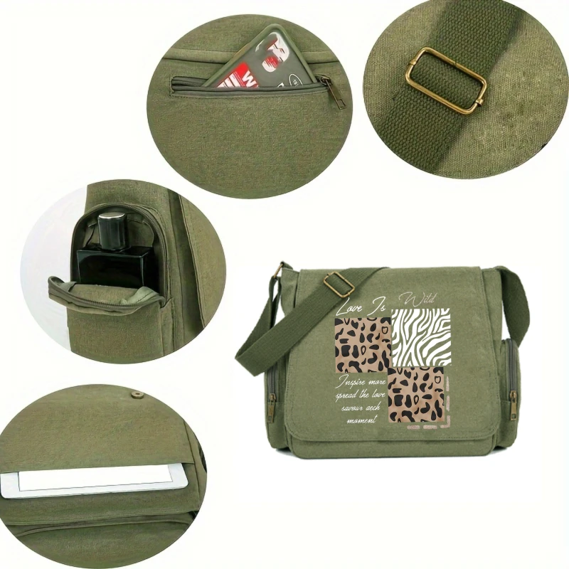 Vintage Women's Shoulder Bag Canvas Leopard Print Large Capacity Crossbody Bag Messenger Bag for Travel