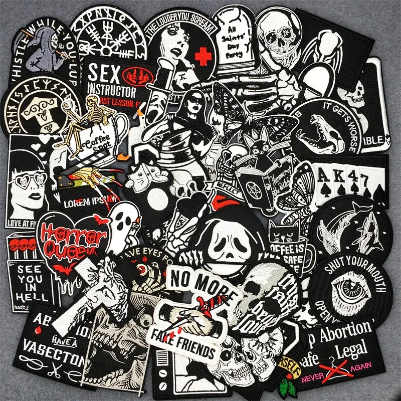50pcs black and white punk-themed embroidered iron-on patches with skulls, slogans, and edgy artwork