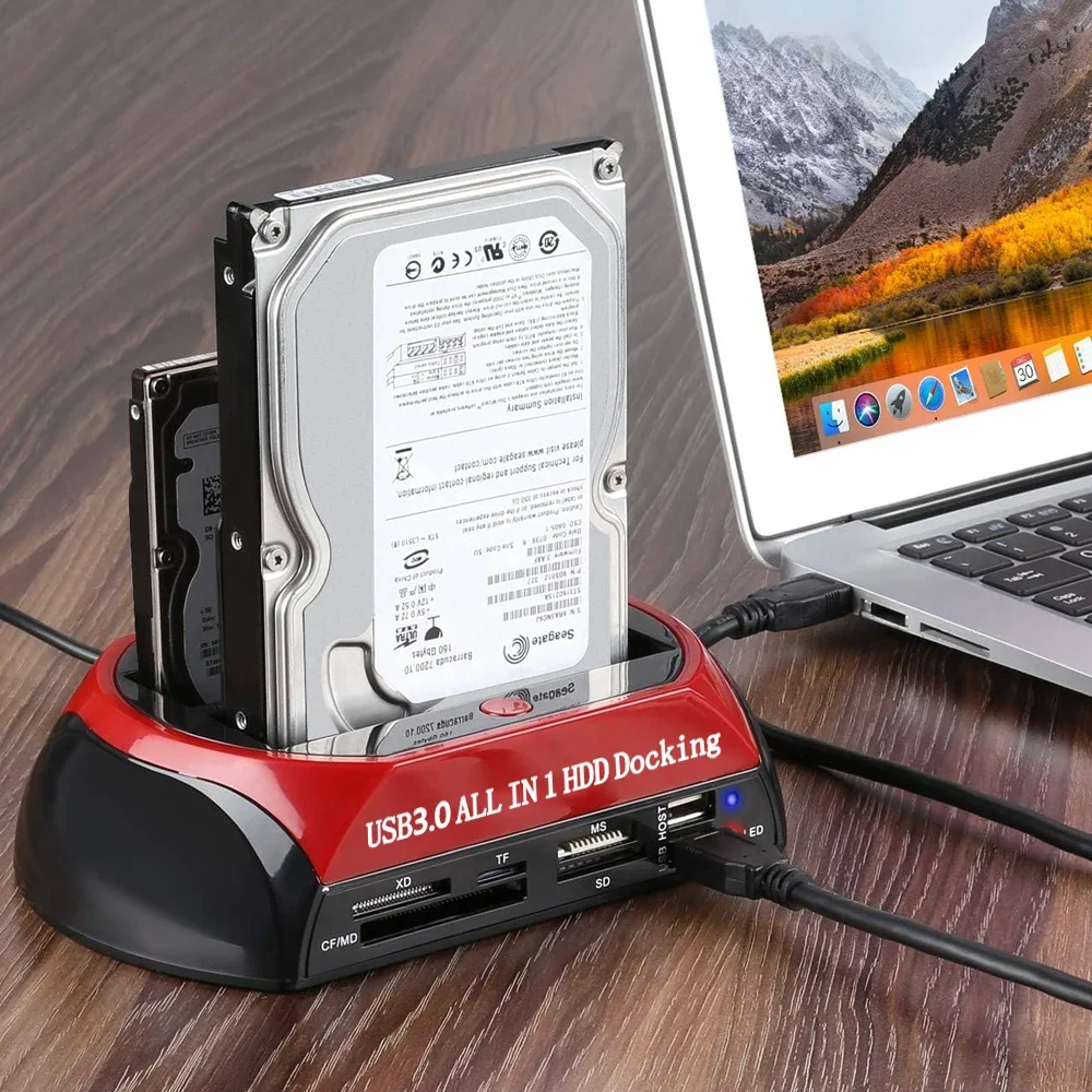 HDD Docking Station 10 IN 1 Dual-bay SATA IDE with 12V Power Adapter for 2.5/3.5 Inch HDD/SSD TF Card
