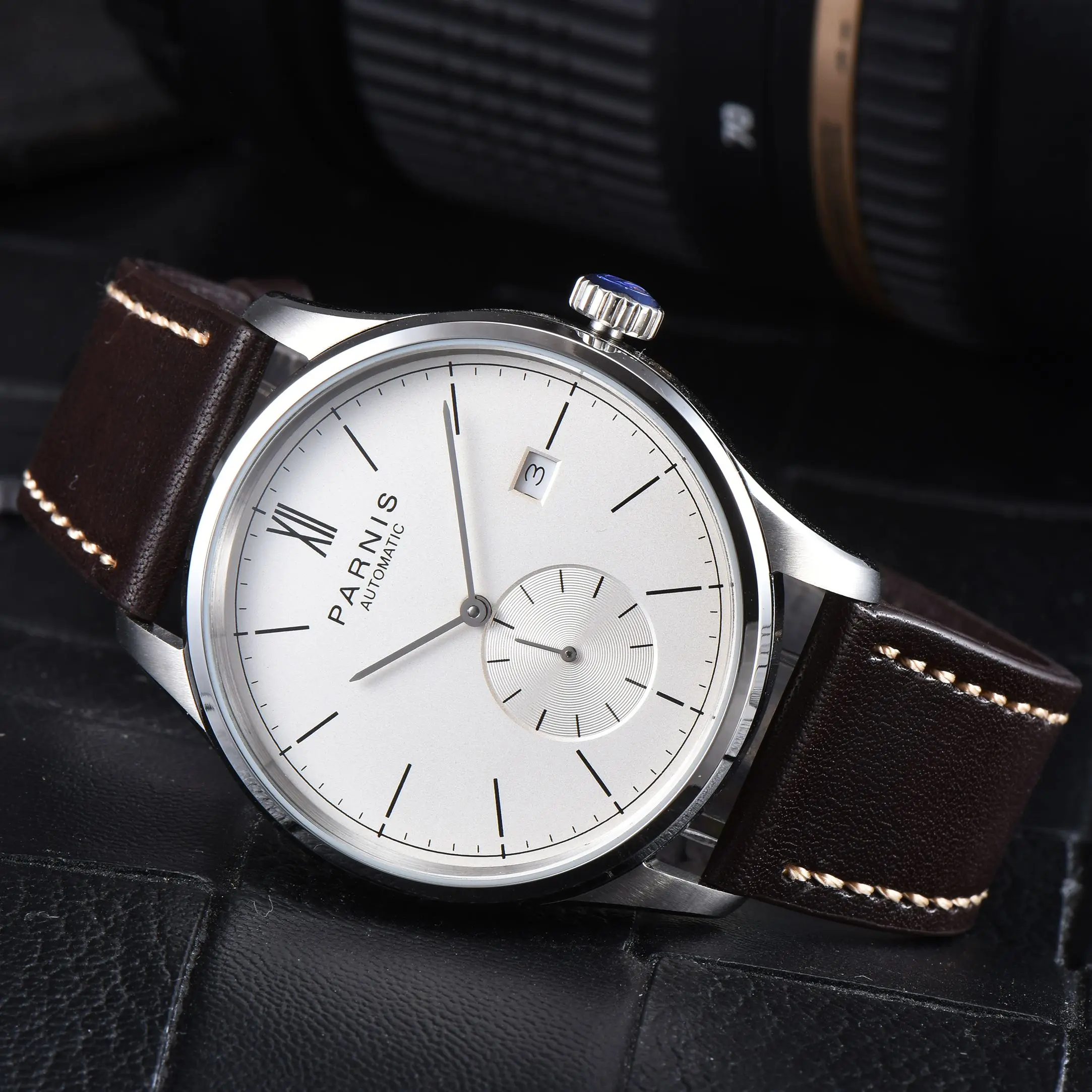 

Fashion Parnis 41.5mm Silver Case Mechanical Automatic Men's Watches Calendar Leather Strap Luxury Watch For Men reloj hombre