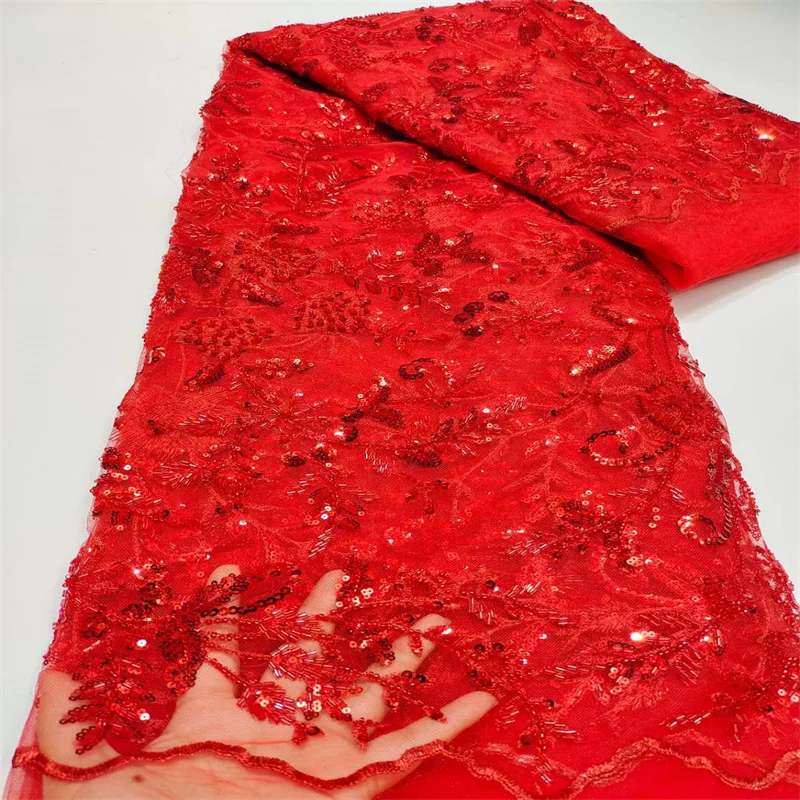

Red heavy hand made African Tulle lace fabric with sequins 5 yards Nigeria sequins lace fabric for wetting