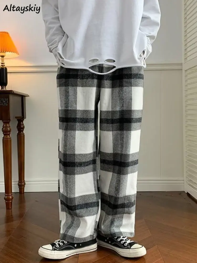 

Pants Women Plaid Simple Loose Unisex Casual All-match Students Korean Style Popular Autumn Daily Preppy Ins Retro Elastic Waist