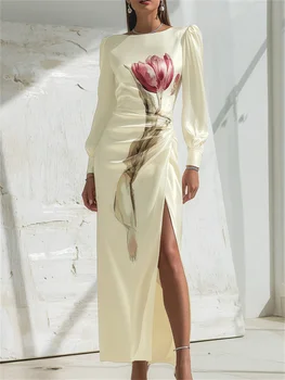 Yeezzi Women Elegant Floral Printed High Split Evening Maxi Dresses 2026 New Long Puff Sleeves Pleated Date Night Party Dress 1