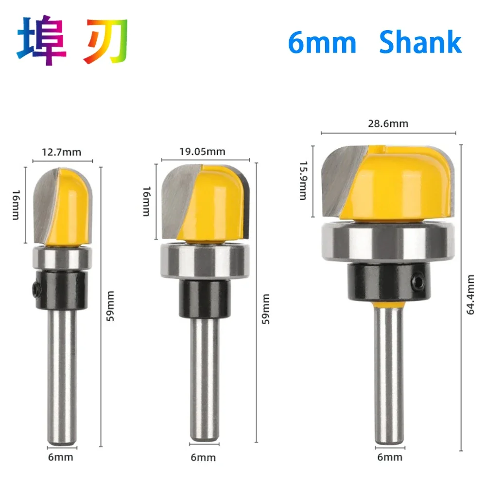 3Pcs 6mm 1/4 Shank1/2 3/4 1-1/8 직경 그릇 및 트레이 템플릿 라우터 비트 목재 절단 도구 목공 라우터 비트 LT008