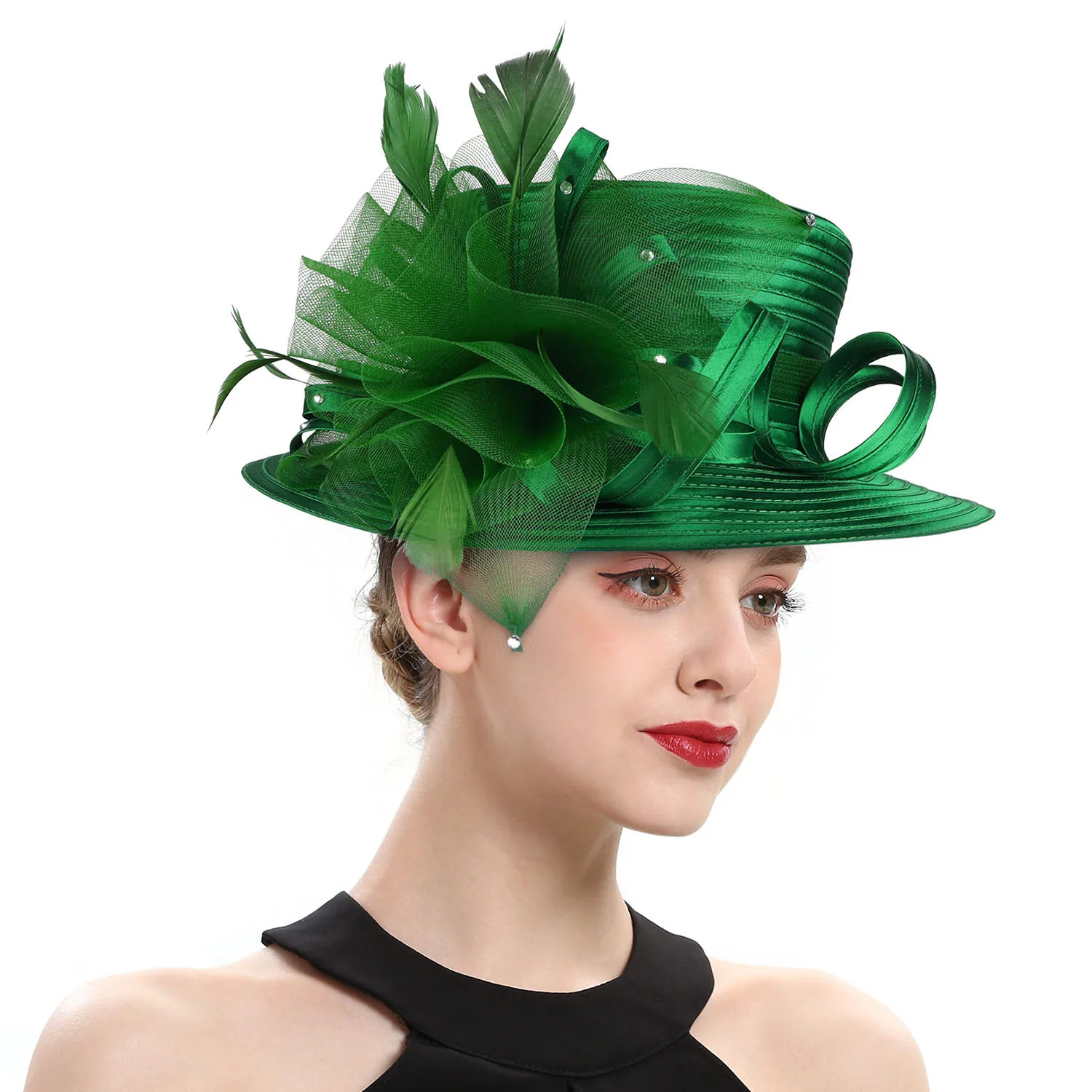 Green Cocktail Satin Cloth Hat Elegant Photography Hats Chain