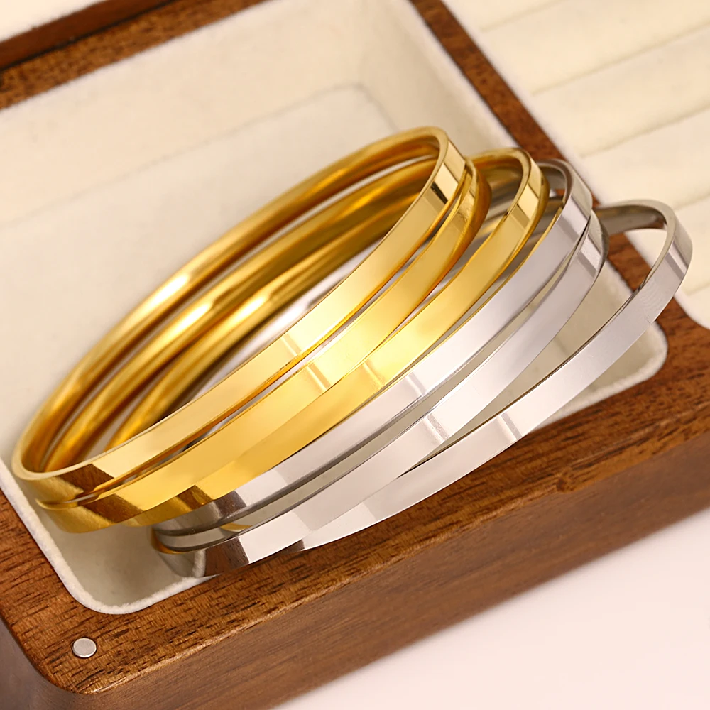 Freetry 3pcs Glossy Stainless Steel Bangles Bracelets for Women Simple Gold Plated Metal Bracelet Minimalist Statement Jewelry 2