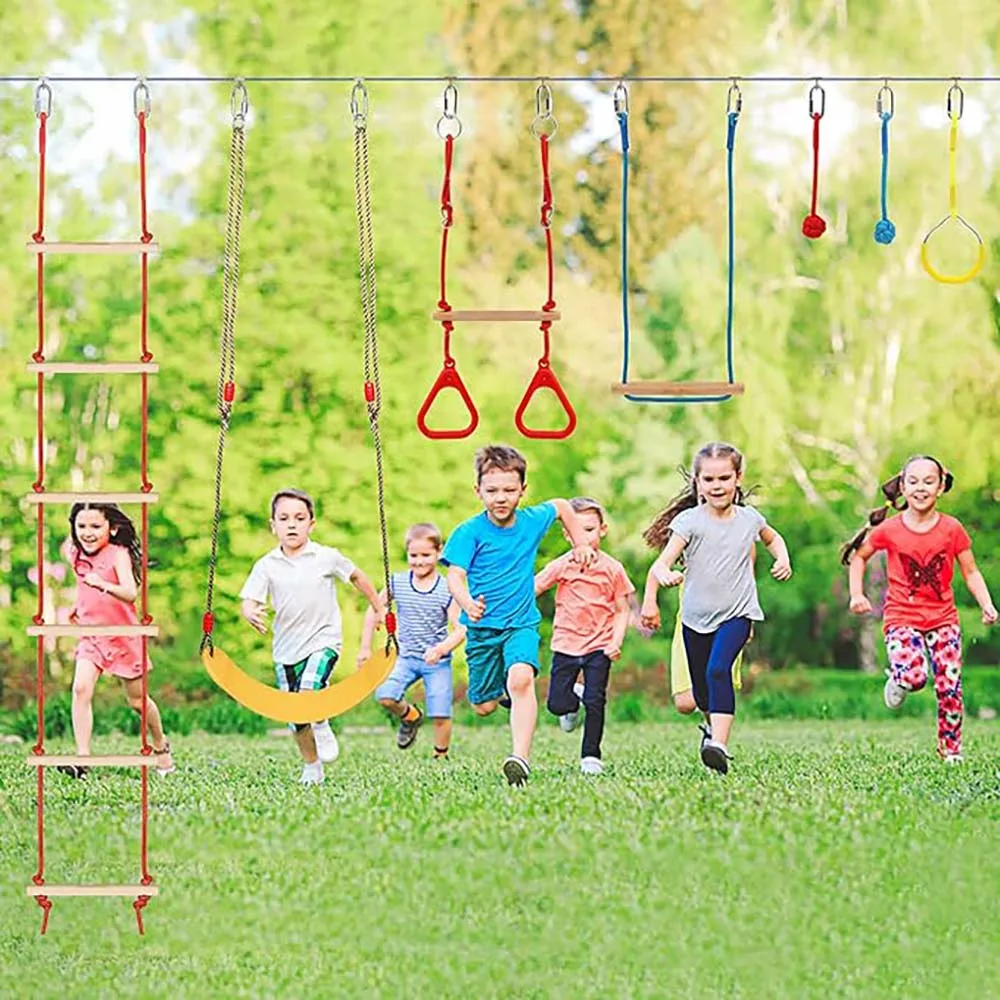 Warrior Obstacle Course For Kids And Adults - 65FT Slackline With Tree Climbing Rock Holds, Swing Seat, Monkey Bars, Ring Wheel, 4
