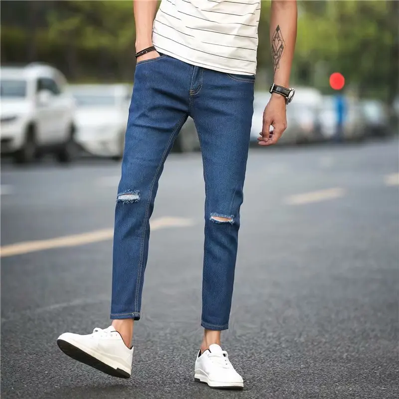 Summer 2022 Fashion Brand Dark Blue Men's New Ripped Jeans Feet Korean Trendy Youth Cut Hole Casual Pencil Pants