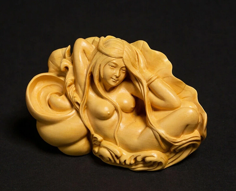 

10X4X6 CM Pretty Girl on Lotus Hand Carved Boxwood Figurine Carving Woman Lady Geisha Sculpture - #ZD087