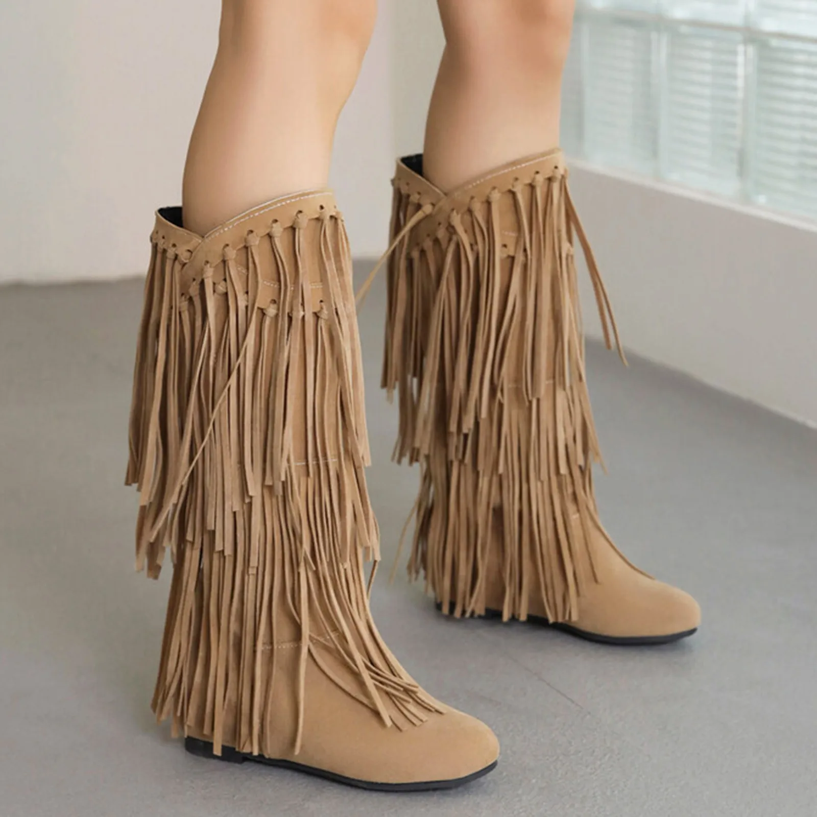 Women Mid Calf Fringe Chunky Heel Boots