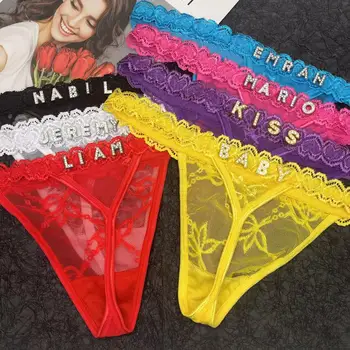 Personalized Thongs with Names,Custom Thongs with Name On It,Customized Lace Underwear Panties with Rhinestone Shiny Letter Name