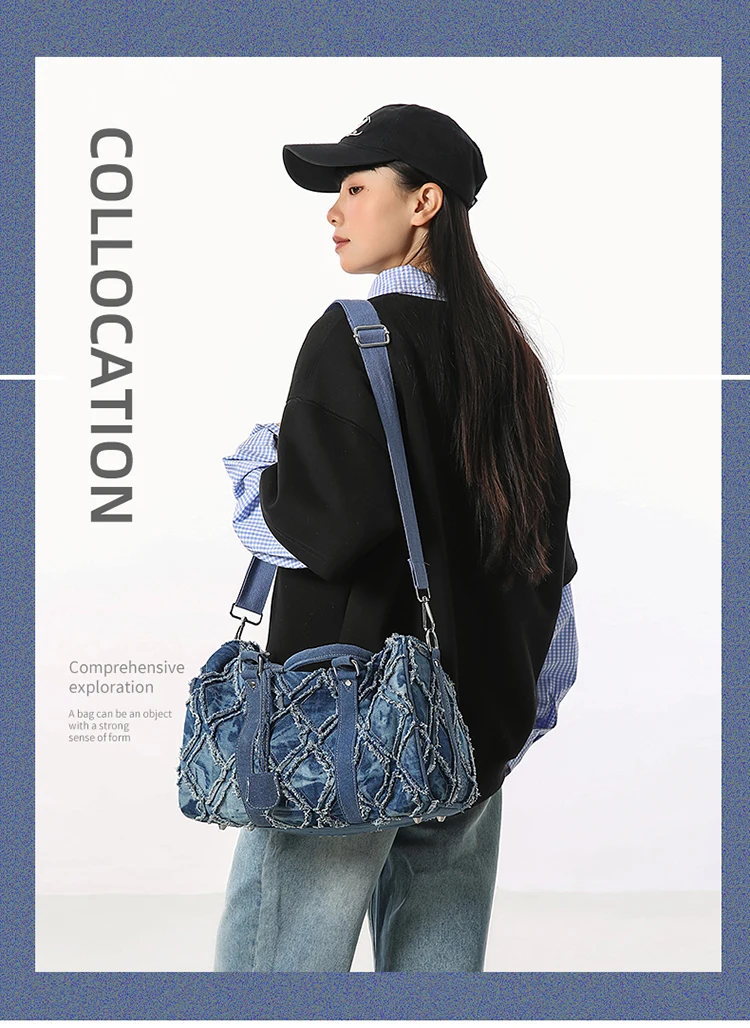 2025 Neuer Stil Personalisierte Retro-Denim-Handtasche, Patchwork Distressed Große Reisetasche, Modische Vielseitige Umhängetasche – Detail 1