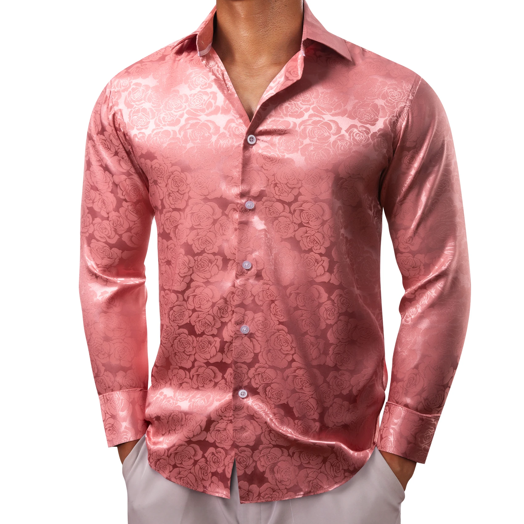 

Luxury Shirts for Men Long Sleeve Silk Satin Pink Flower Slim Fit Male Blouses Trun Down Collar Tops Breathable Clothing