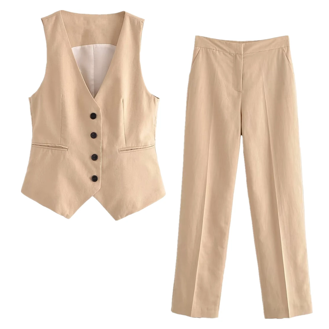 

Dave&Di French Fashion Ladies Khaki Suits Retro Cotton Linen Single Suit Vest High Breasted Waist Straight Casual Pants Women