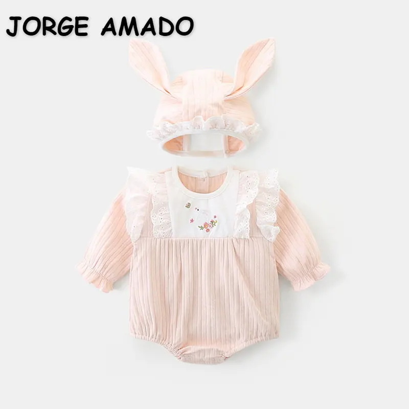 

New Autumn Baby Girl Bodysuit Pink White Patchwork Round Collar Long Sleeves Embroidery Jumpsuit Newborn Outwear E3037