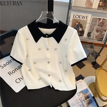 Summer Knitted Cardigan Women 2024 New Korean Elegant Fashion Short Sleeve Polo Neck Bow Diamonds Sweater Female Knitwear Tops