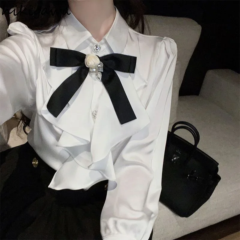 흰색 긴 소매 블라우스 여성 빈티지 느슨한 한국 프릴 우아한 셔츠 기질 숙녀 탑 2025 Blusas Mujer De Moda